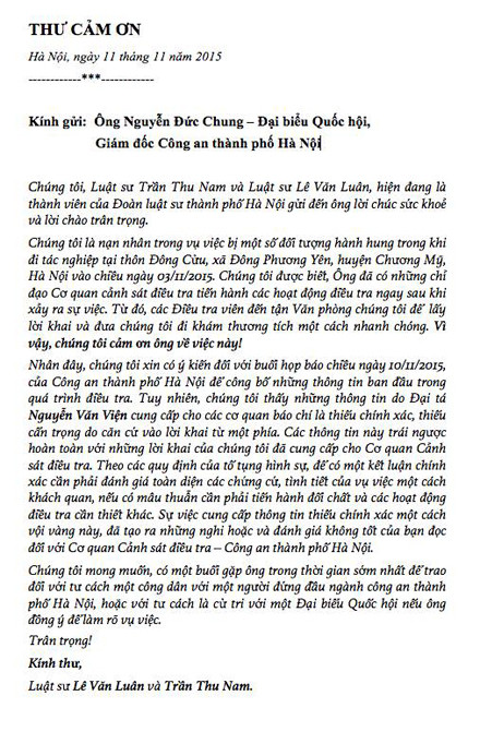 Hai luật sư bị hành hung gửi thư cảm ơn tướng Chung (ảnh: XUÂN QUANG). Hai luật sư bị hành hung gửi thư cảm ơn tướng Chung (ảnh: XUÂN QUANG).