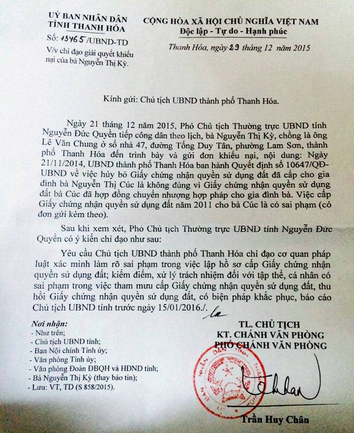 Công văn chỉ đạo của UBND tỉnh Thanh Hóa vụ " "một địa chỉ đất cấp 02 Giấy chứng nhận quyền sử dụng đất".(Ảnh: QUỐC TOẢN). Công văn chỉ đạo của UBND tỉnh Thanh Hóa vụ " "một địa chỉ đất cấp 02 Giấy chứng nhận quyền sử dụng đất".(Ảnh: QUỐC TOẢN).