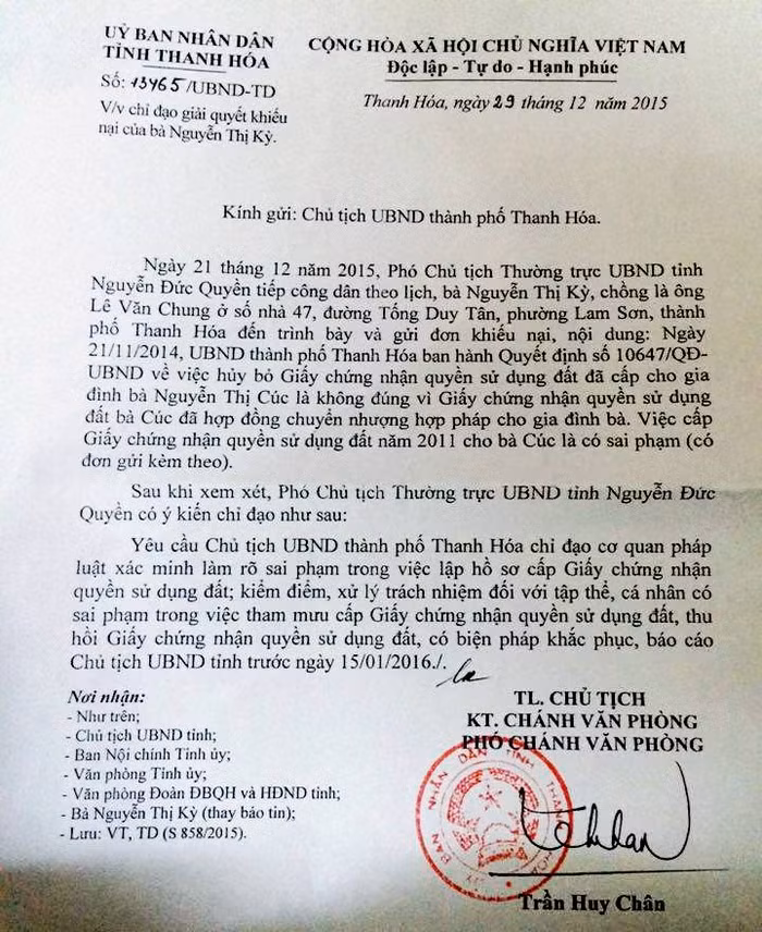 Công văn chỉ đạo của UBND tỉnh Thanh Hóa vụ " "một địa chỉ đất cấp 02 Giấy chứng nhận quyền sử dụng đất".(Ảnh: QUỐC TOẢN).