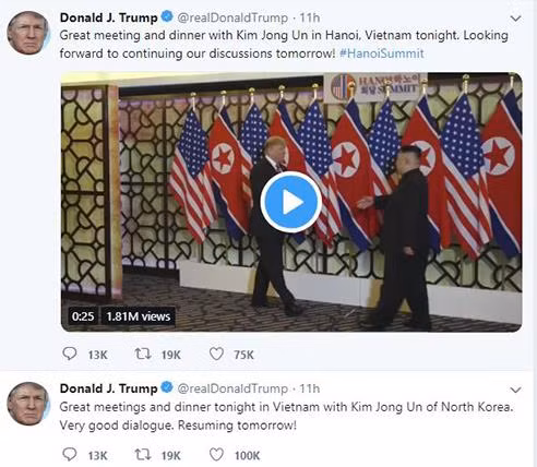 Nội dung đăng tải trên tài khoản Twitter của Tổng thống Donald Trump.