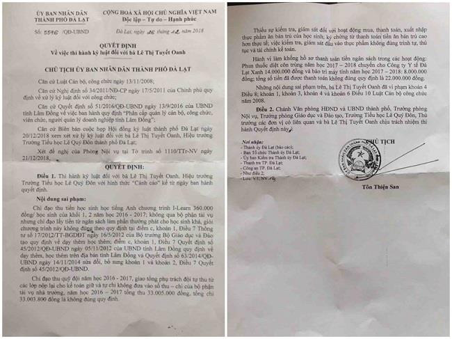 Quyết định kỷ luật Cảnh cáo về mặt chính quyền đối với bà Oanh.