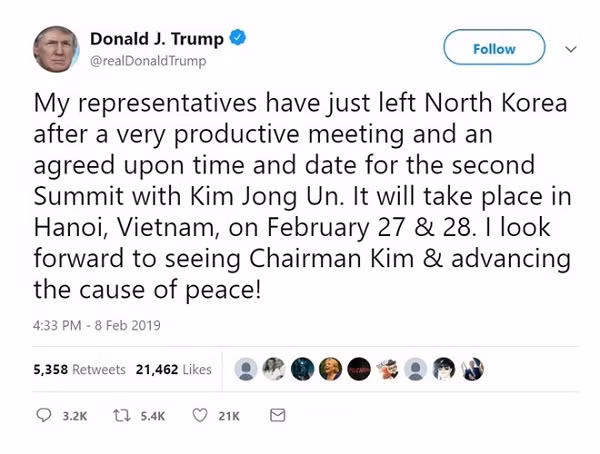 Nội dung dòng tweet của Tổng thống Donald Trump ngày 08/2/2019.