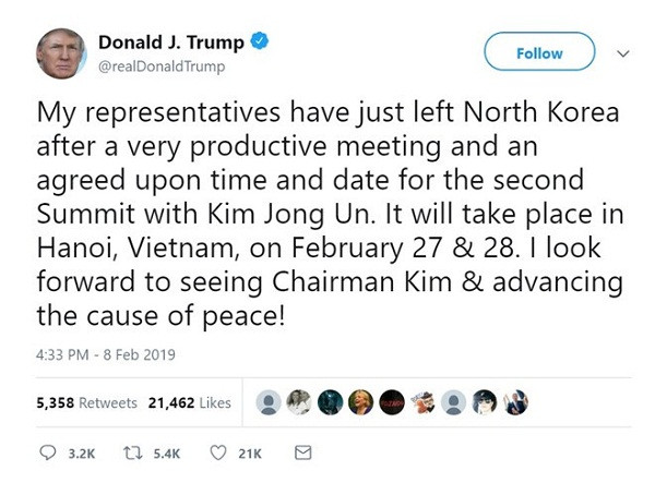 Nội dung dòng tweet của Tổng thống Donald Trump ngày 08/2/2019. Nội dung dòng tweet của Tổng thống Donald Trump ngày 08/2/2019.