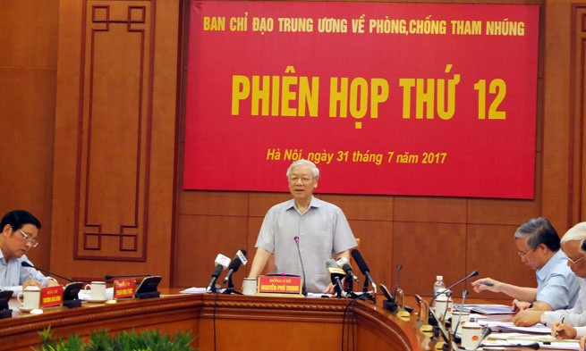 Tổng Bí thư Nguyễn Phú Trọng, Trưởng Ban Chỉ đạo kết luận Phiên họp thứ 12 Ban chỉ đạo trung ương về phòng, chống tham nhũng. Ảnh: Thu Huyền / TTXVN. Tổng Bí thư Nguyễn Phú Trọng, Trưởng Ban Chỉ đạo kết luận Phiên họp thứ 12 Ban chỉ đạo trung ương về phòng, chống tham nhũng. Ảnh: Thu Huyền / TTXVN.