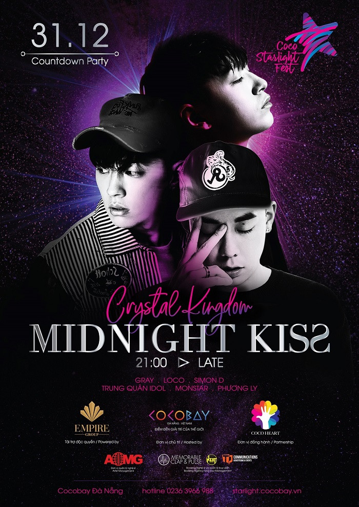 Simon D, Gray và Loco là ba khách mời đặc biệt sẽ có mặt tại đại nhạc hội Midnight Kiss tại Cocobay Đà Nẵng. Simon D, Gray và Loco là ba khách mời đặc biệt sẽ có mặt tại đại nhạc hội Midnight Kiss tại Cocobay Đà Nẵng.