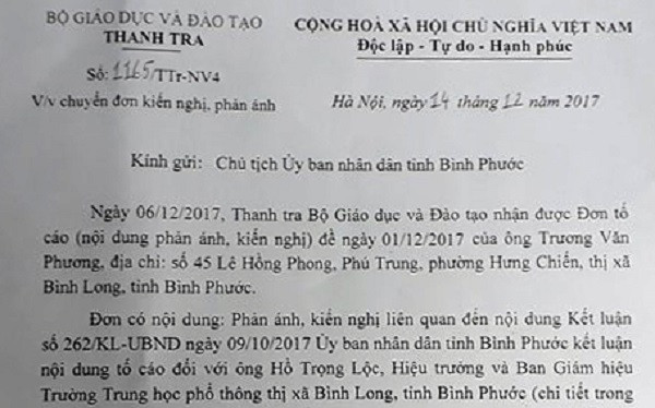 Công văn của Thanh tra Bộ Giáo dục và Đào tạo chỉ đạo Ủy ban nhân dân tỉnh Bình Phước xem xét, giải quyết vụ việc. (Ảnh: Đan Quỳnh). Công văn của Thanh tra Bộ Giáo dục và Đào tạo chỉ đạo Ủy ban nhân dân tỉnh Bình Phước xem xét, giải quyết vụ việc. (Ảnh: Đan Quỳnh).