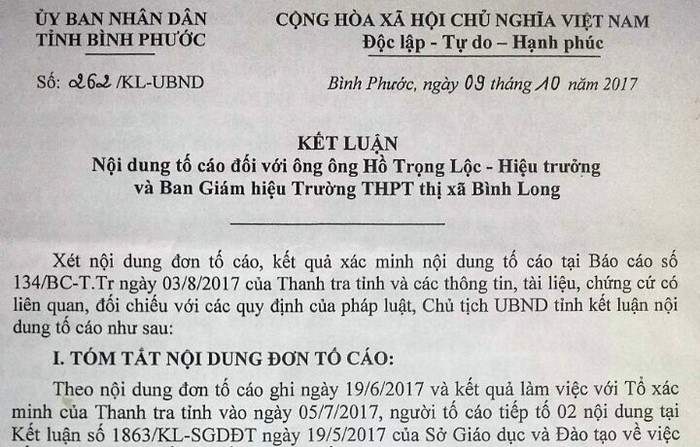 Kết luận nội dung tố cáo đối với ông Hồ Trọng Lộc - Hiệu trưởng và Ban giám hiệu Trường Trung học phổ thông thị xã Bình Long. Kết luận nội dung tố cáo đối với ông Hồ Trọng Lộc - Hiệu trưởng và Ban giám hiệu Trường Trung học phổ thông thị xã Bình Long.