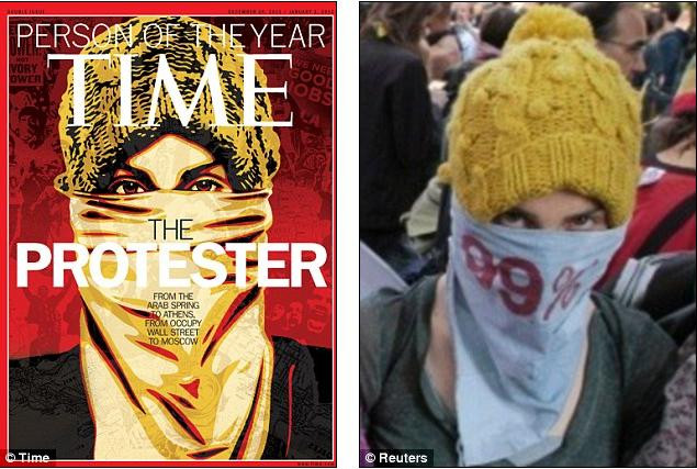 Bức ảnh "Người biểu tình trên trang bìa tạp chí Times (trái) và ảnh của Sarah trên tuần báo "LA Weekly" Bức ảnh "Người biểu tình trên trang bìa tạp chí Times (trái) và ảnh của Sarah trên tuần báo "LA Weekly"