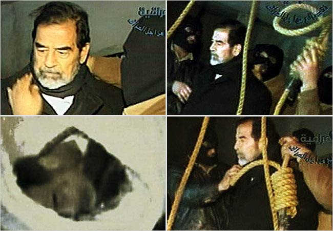 Cảnh Saddam Hussein bị xử tử bằng hình thức treo cổ. Cảnh Saddam Hussein bị xử tử bằng hình thức treo cổ.