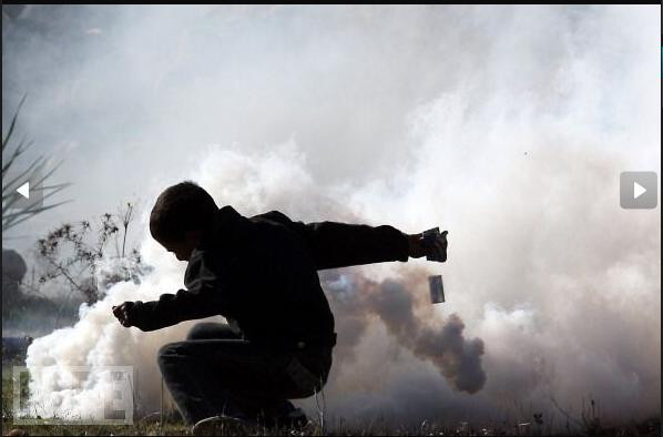 Một cậu bé Palestine đang cố lấy ống hơi cay cảnh sát ném ra trong cuộc biểu tình tại làng West Bank, Nabi Saleh.