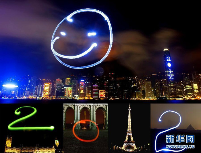 Cảng Victoria ở Hong Kong (trên), Nghị viện Anh tại London (bên trái), Điện Arc de Triomphe ở Brussels tại Bỉ (dưới bên trái), tháp Eiffel ở Paris nước Pháp (dưới bên phải) và kim tự tháp tại Cairo, Ai Cập đón năm mới