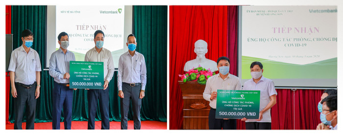 Đại diện Vietcombank trao ủng hộ Sở Y Tế tỉnh Hà Tĩnh và huyện Hương Sơn, tỉnh Hà Tĩnh mỗi đơn vị 500 triệu đồng để mua sắm trang thiết bị y tế phòng chống dịch Covid – 19. Đại diện Vietcombank trao ủng hộ Sở Y Tế tỉnh Hà Tĩnh và huyện Hương Sơn, tỉnh Hà Tĩnh mỗi đơn vị 500 triệu đồng để mua sắm trang thiết bị y tế phòng chống dịch Covid – 19.