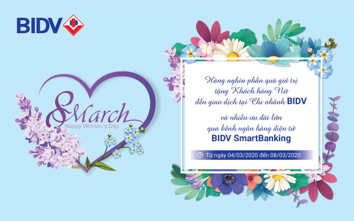 Hàng nghìn phần quà giá trị tặng khách hàng nữ đến giao dịch tại chi nhánh BIDV và nhiều ưu đãi lớn qua kênh ngân hàng điện tử BIDV SmartBanking. Hàng nghìn phần quà giá trị tặng khách hàng nữ đến giao dịch tại chi nhánh BIDV và nhiều ưu đãi lớn qua kênh ngân hàng điện tử BIDV SmartBanking.