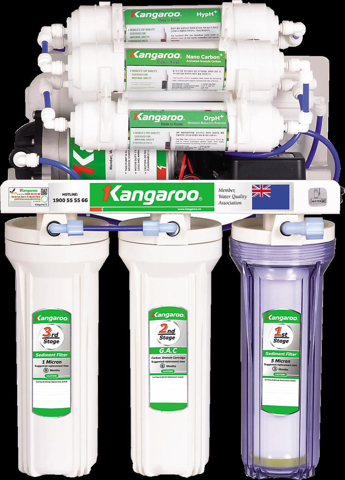 Cấu tạo đồng bộ của máy lọc nước Kangaroo Hydrogen từ các lõi lọc, bơm áp, adaptẻ đến van từ cút nối tự làm kín. Cấu tạo đồng bộ của máy lọc nước Kangaroo Hydrogen từ các lõi lọc, bơm áp, adaptẻ đến van từ cút nối tự làm kín.