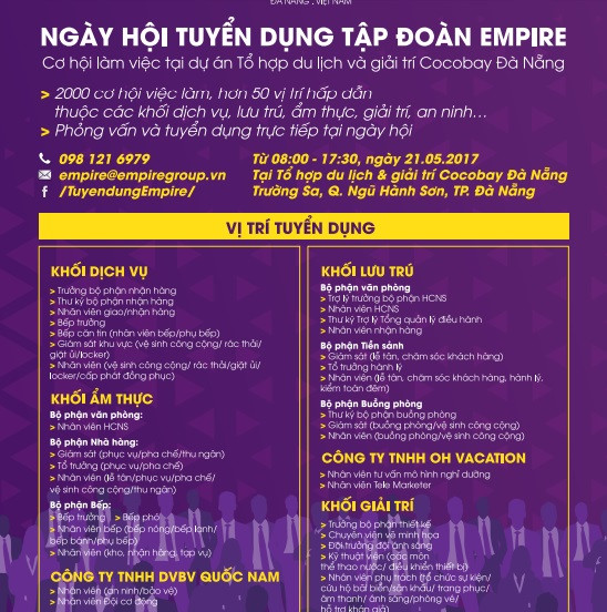 Thông tin các vị trí tuyển dụng tại Cocobay ngày 21/05/2017 Thông tin các vị trí tuyển dụng tại Cocobay ngày 21/05/2017