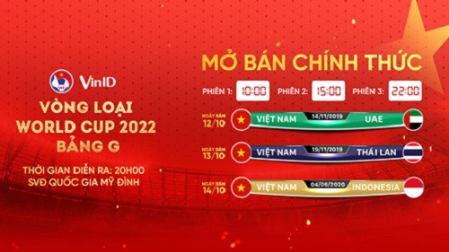 Ba trận đấu kế tiếp của tuyển Việt Nam tại SVĐ Mỹ Đình sẽ tiếp tục được mở bán độc quyền qua ứng dụng VinID. Ba trận đấu kế tiếp của tuyển Việt Nam tại SVĐ Mỹ Đình sẽ tiếp tục được mở bán độc quyền qua ứng dụng VinID.