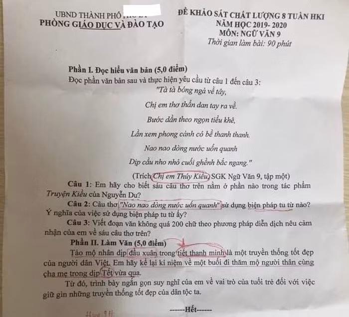 Đề khảo sát chất lượng 8 tuần học kì 1 môn Ngữ văn 9 (Ảnh: tác giả cung cấp).