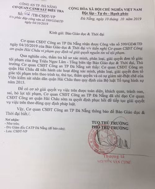Văn bản của Cơ quan Cảnh sát điều ta Công an Thành phố Đà Nẵng gửi Báo Giáo dục và Thời đại.