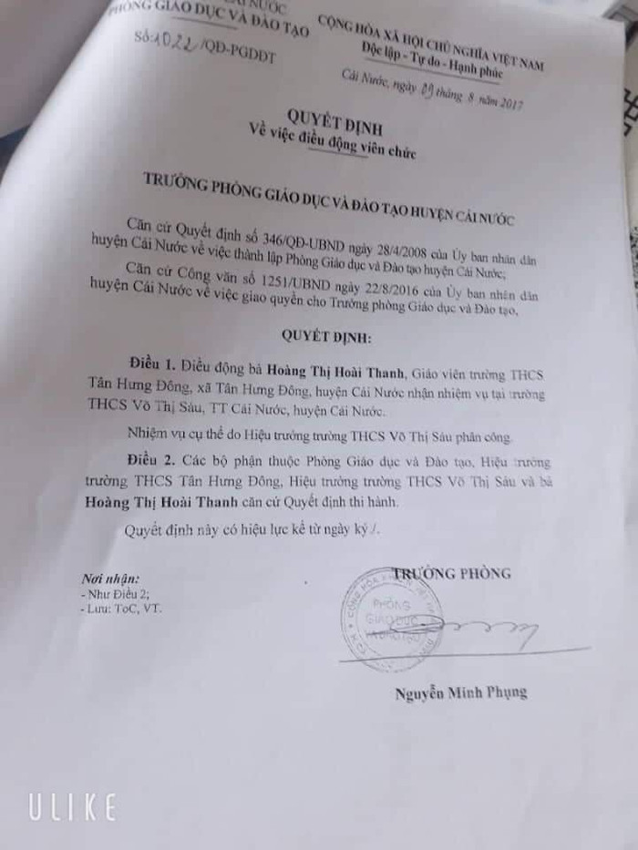 Quyết định số 1022/QĐ-PGDĐT để “điều động” cô Hoàng Thị Hoài Thanh nhận nhiệm vụ tại Trường trung học cơ sở Võ Thị Sáu.