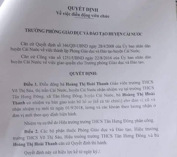 Quyết định điều động cô giáo Hoàng Thị Hoài Thanh có dấu hiệu lạm quyền Quyết định điều động cô giáo Hoàng Thị Hoài Thanh có dấu hiệu lạm quyền