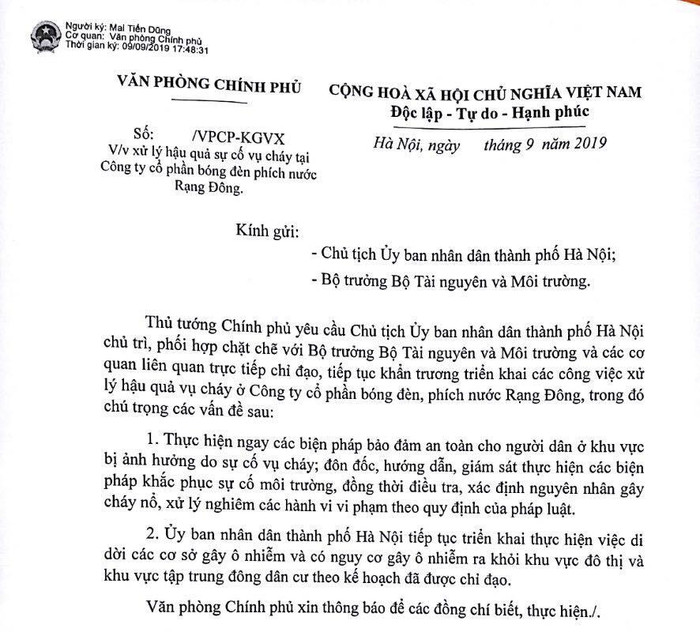 Chỉ đạo của Thủ tướng Chính phủ xử lý hậu quả vụ cháy tại Công ty cổ phần bóng đèn, phích nước Rạng Đông.