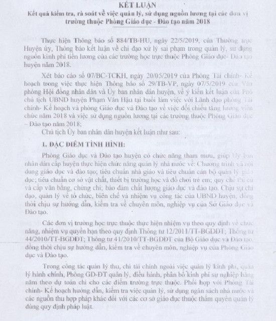 Kết luận kết quả kiểm tra, rà soát về việc quản lý, sử dụng nguồn lương tại các đơn vị trường thuộc Phòng Giáo dục và Đào tạo năm 2018. Kết luận kết quả kiểm tra, rà soát về việc quản lý, sử dụng nguồn lương tại các đơn vị trường thuộc Phòng Giáo dục và Đào tạo năm 2018.