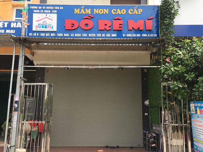 Ngày 16/9, cấp có thẩm quyền huyện Tiên Du đã quyết định tạm đình chỉ cơ sở Mầm non cao cấp Đồ Rê Mí phục vụ công tác điều tra. Ảnh: baobacninh.com.vn