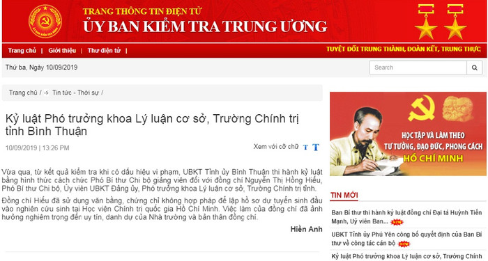 Ảnh: chụp màn hình trên Ủy ban Kiểm tra Trung ương. Ảnh: chụp màn hình trên Ủy ban Kiểm tra Trung ương.