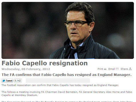 “Fabio Capello từ chức” - Thông báo trên website chính thức của FA. “Fabio Capello từ chức” - Thông báo trên website chính thức của FA.