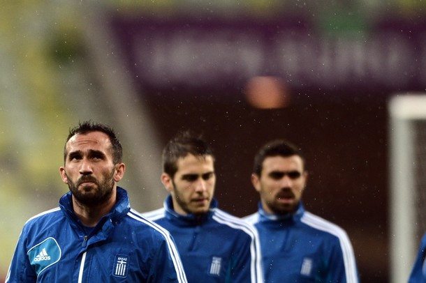 Tiền đạo Fanis Gekas cùng đội tuyển Hy Lạp tập buổi cuối trước ngày giáp chiến Đức.