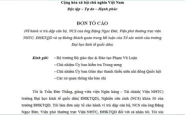 Ths Trần Đức Thắng đã gửi đơn tố cáo tới Bộ trưởng Phạm Vũ Luận. Ths Trần Đức Thắng đã gửi đơn tố cáo tới Bộ trưởng Phạm Vũ Luận.