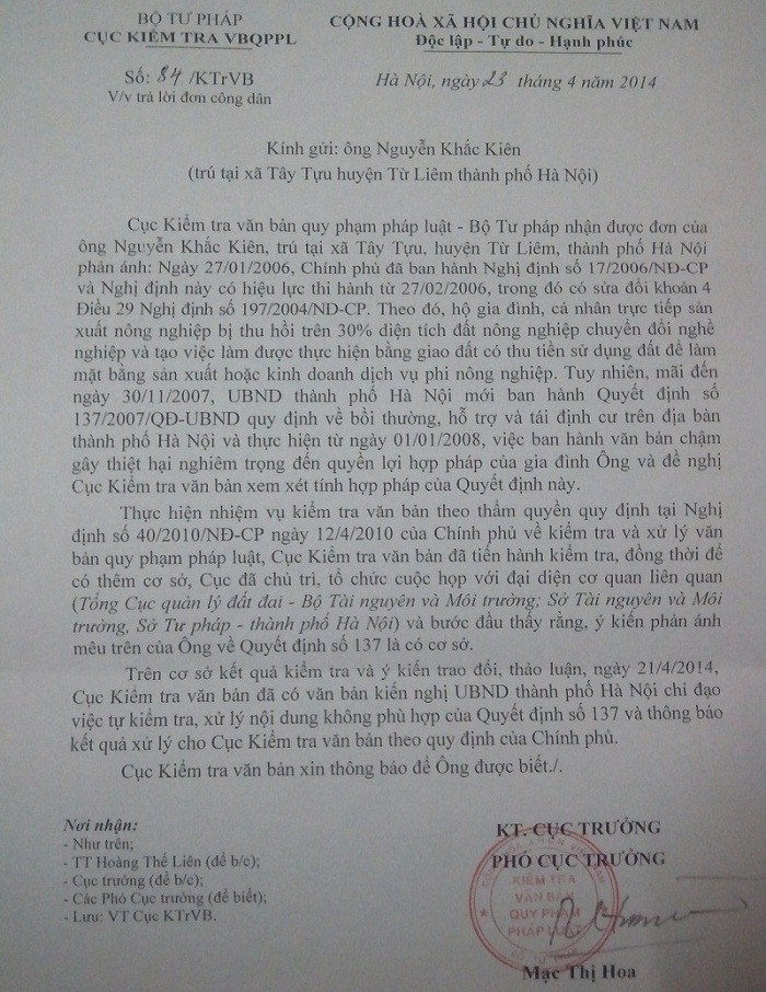 Cục KTVBQPPL Bộ Tư Pháp trả lời: Khiếu nại của ông Nguyễn Khắc Kiên là có cơ sở.