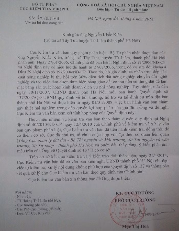 Cục KTVBQPPL Bộ Tư Pháp trả lời: Khiếu nại của ông Nguyễn Khắc Kiên là có cơ sở.