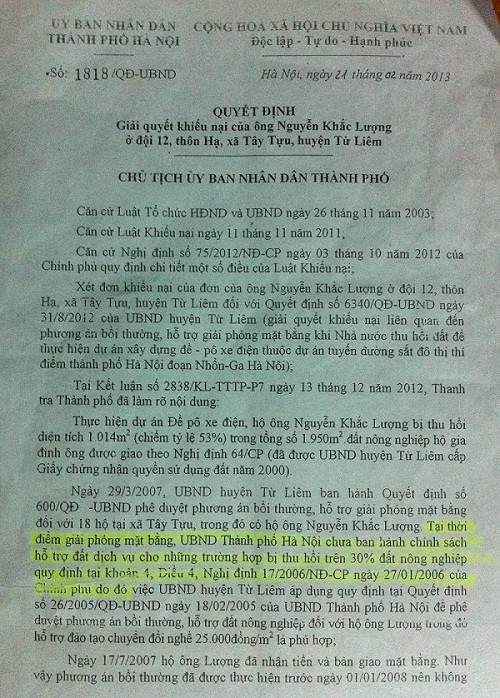 Sau khi nhận được quyết định trả lời khiếu nại, ông Nguyễn Khắc Lượng đã khởi kiện ông Nguyễn Thế Thảo - Chủ tịch UBND TP Hà Nội. Sau khi nhận được quyết định trả lời khiếu nại, ông Nguyễn Khắc Lượng đã khởi kiện ông Nguyễn Thế Thảo - Chủ tịch UBND TP Hà Nội.