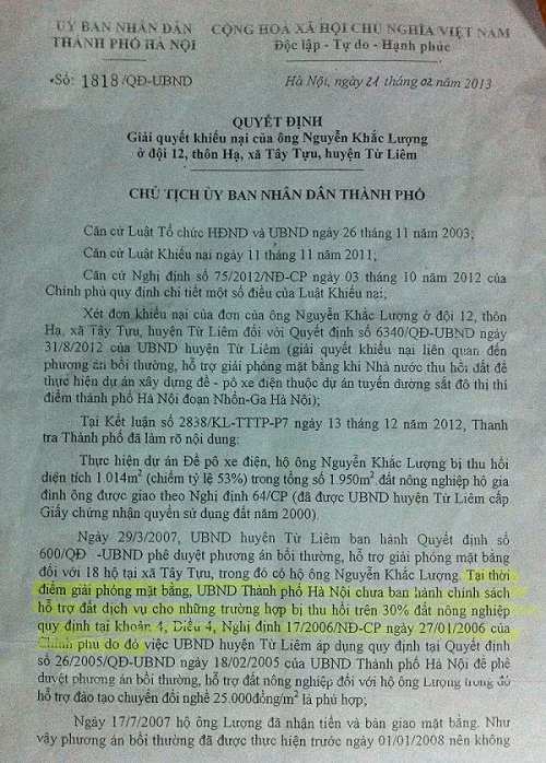 Sau khi nhận được quyết định trả lời khiếu nại, ông Nguyễn Khắc Lượng đã khởi kiện ông Nguyễn Thế Thảo - Chủ tịch UBND TP Hà Nội.