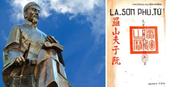 Tượng đài La Sơn Phu Tử Nguyễn Thiếp (1723-1804) tại xã Nam Kim, huyện Nam Đàn, tỉnh Nghệ An; Hình bìa tác phẩm La Sơn Phu Tử, ấn bản đầu tiên, nhà xuất bản Minh Tân, Paris 1952. Tượng đài La Sơn Phu Tử Nguyễn Thiếp (1723-1804) tại xã Nam Kim, huyện Nam Đàn, tỉnh Nghệ An; Hình bìa tác phẩm La Sơn Phu Tử, ấn bản đầu tiên, nhà xuất bản Minh Tân, Paris 1952.