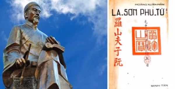 Tượng đài La Sơn Phu Tử Nguyễn Thiếp (1723-1804) tại xã Nam Kim, huyện Nam Đàn, tỉnh Nghệ An; Hình bìa tác phẩm La Sơn Phu Tử, ấn bản đầu tiên, nhà xuất bản Minh Tân, Paris 1952.