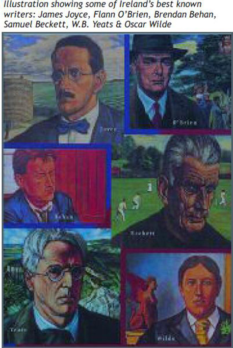 Ảnh minh hoạ một số nhà văn nổi tiếng nhất của Ai Len: James Joyce,Flann O’Brien, Brendan Behan, Samuel Backett, W.B. Yeats & Oscar Wilde Ảnh minh hoạ một số nhà văn nổi tiếng nhất của Ai Len: James Joyce,Flann O’Brien, Brendan Behan, Samuel Backett, W.B. Yeats & Oscar Wilde