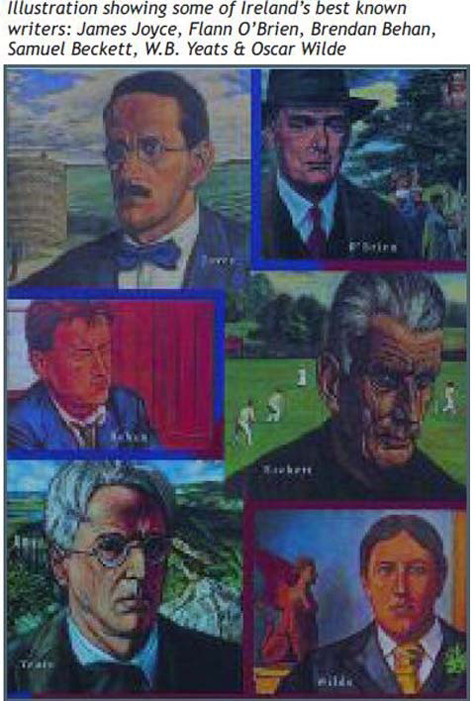Ảnh minh hoạ một số nhà văn nổi tiếng nhất của Ai Len: James Joyce,Flann O’Brien, Brendan Behan, Samuel Backett, W.B. Yeats & Oscar Wilde Ảnh minh hoạ một số nhà văn nổi tiếng nhất của Ai Len: James Joyce,Flann O’Brien, Brendan Behan, Samuel Backett, W.B. Yeats & Oscar Wilde