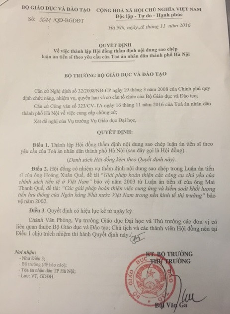 Ông Bùi Văn Ga ký quyết định nói rằng việc thành lập hội đồng là “theo yêu cầu của TAND Thành phố Hà Nội”. Ông Bùi Văn Ga ký quyết định nói rằng việc thành lập hội đồng là “theo yêu cầu của TAND Thành phố Hà Nội”.