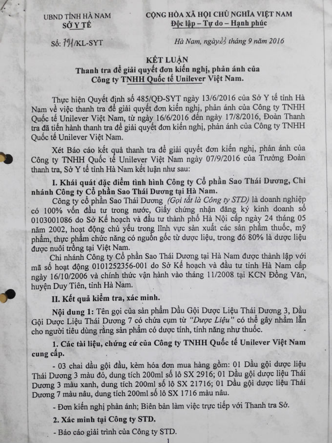 Kết luận của Sở Y tế tỉnh Hà Nam về sản phẩm của Công ty CP Sao Thái Dương sau khi có phản ánh từ Công ty TNHH Quốc tế Unilever Việt Nam.