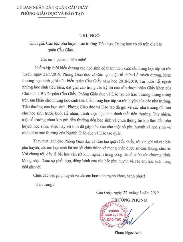 Thư xin lỗi của Trưởng phòng Giáo dục và Đào tạo quận Cầu Giấy gửi tới các bậc phụ huynh. Thư xin lỗi của Trưởng phòng Giáo dục và Đào tạo quận Cầu Giấy gửi tới các bậc phụ huynh.