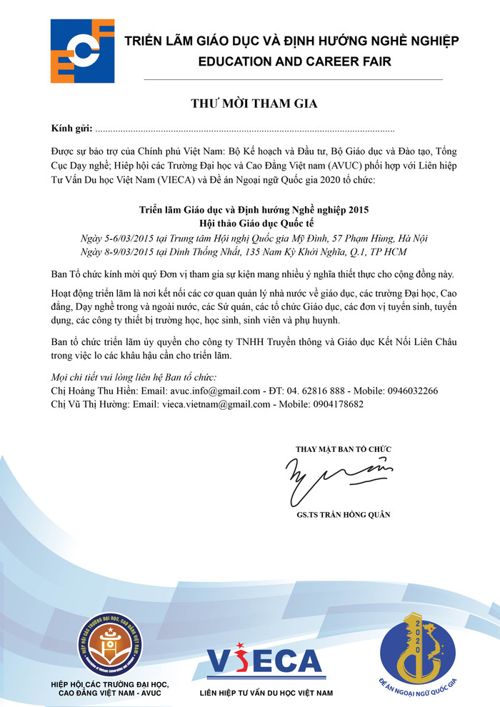 Thư mời tham gia Triển lãm Giáo dục và Định hướng Nghề nghiệp 2015 ảnh 1