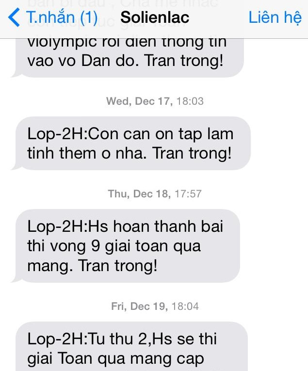 Tin nhắn ngày 17/12 được phụ huynh phản ánh. Ảnh: Hồng Nhung