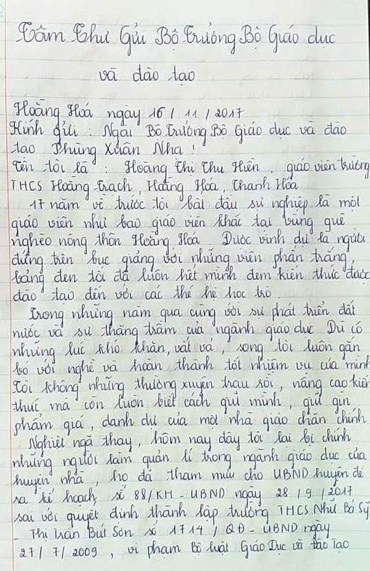 Bức thư cô Hiền viết gửi Bộ trưởng Phùng Xuân Nhạ. Ảnh: Thiên Minh. Bức thư cô Hiền viết gửi Bộ trưởng Phùng Xuân Nhạ. Ảnh: Thiên Minh.