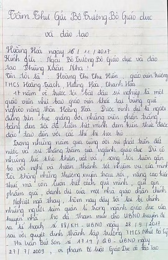 Bức thư cô Hiền viết gửi Bộ trưởng Phùng Xuân Nhạ. Ảnh: Thiên Minh.