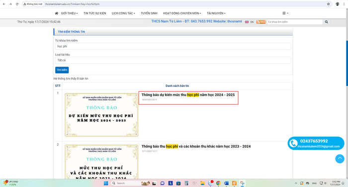 Ngày 30/6/2024, website Trường Trung học cơ sở Nam Từ Liêm đã đăng tải Thông báo dự kiến mức thu học phí năm học 2024-2025. (Ảnh chụp màn hình ngày 17/7/2024). THCS Nam Từ Liêm .png