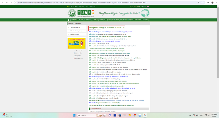 Trên website Trường Đại học Nông Lâm (Đại học Thái Nguyên) có đường link đăng tải "Công khai thông tin năm học 2023-2024" vào ngày 08/04/2024. (Ảnh chụp màn hình ngày 2/7/2024). Ảnh 1.png