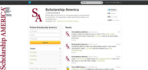 @ScholAmerica: Cuối cùng nhưng cũng không kém phần quan trọng đó là trang Twitter của Scholarship America. Trang này không những cập nhật các chương trình học bổng mới nhất từ các trường đại học của Mỹ mà trên trang web này còn link đến tất cả các chương trình học bổng của các trường đại học. Điều này giúp bạn không bỏ lỡ bất kỳ thông tin của bất kỳ chương trình học bổng nào. @ScholAmerica: Cuối cùng nhưng cũng không kém phần quan trọng đó là trang Twitter của Scholarship America. Trang này không những cập nhật các chương trình học bổng mới nhất từ các trường đại học của Mỹ mà trên trang web này còn link đến tất cả các chương trình học bổng của các trường đại học. Điều này giúp bạn không bỏ lỡ bất kỳ thông tin của bất kỳ chương trình học bổng nào.