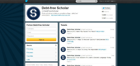 @DebtFreeScholar: Nate Desmond, bloger nổi tiếng tại Mỹ, người đã viết về học bổng, các chương trình hỗ trợ tài chính, và các khoản vay sinh viên từ năm 2009, và trên trang twitter của mình ông cũng cung cấp rất nhiều lời khuyên thực tế, và hữu ích cho các sinh viên và phụ huynh, những người đang tìm những cơ hội trong học bổng cũng như lựa chọn trường học. @DebtFreeScholar: Nate Desmond, bloger nổi tiếng tại Mỹ, người đã viết về học bổng, các chương trình hỗ trợ tài chính, và các khoản vay sinh viên từ năm 2009, và trên trang twitter của mình ông cũng cung cấp rất nhiều lời khuyên thực tế, và hữu ích cho các sinh viên và phụ huynh, những người đang tìm những cơ hội trong học bổng cũng như lựa chọn trường học.